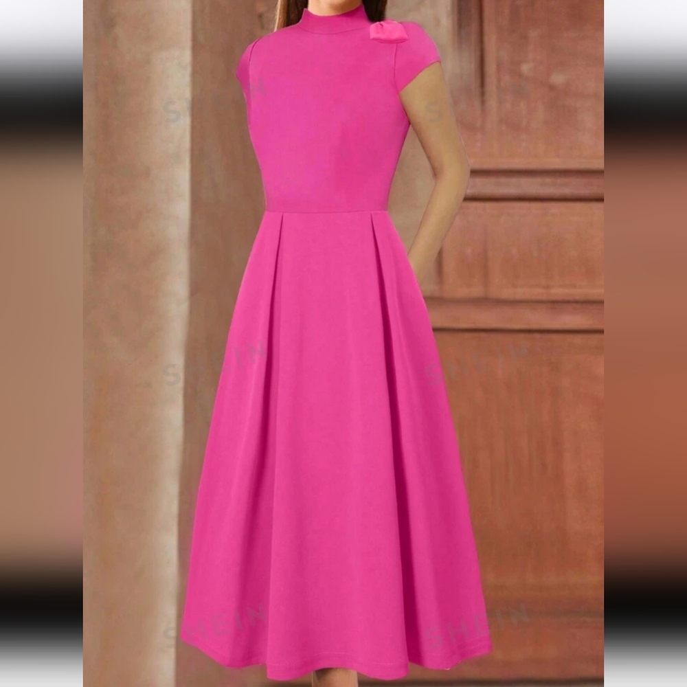 Privé Women Summer Elegant Solid Color Stand Collar Waist Cinched Dress